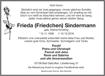 Anzeige  Frieda Sindermann  Lippische Landes-Zeitung