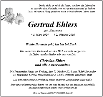 Anzeige  Gertrud Ehlers  Lippische Landes-Zeitung