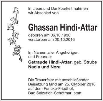 Anzeige  Ghassan Hindi-Attar  Lippische Landes-Zeitung