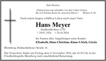 Anzeige  Hans Meyer  Lippische Landes-Zeitung