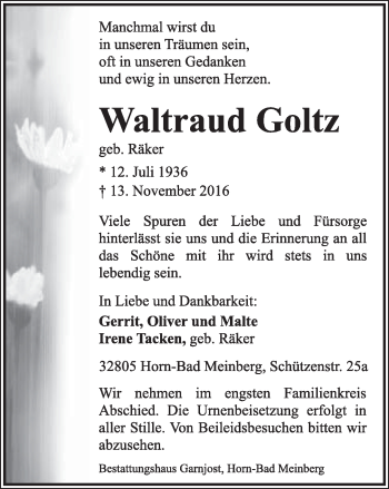 Anzeige  Waltraud Goltz  Lippische Landes-Zeitung