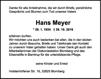 Anzeige  Hans Meyer  Lippische Landes-Zeitung