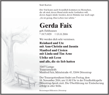 Anzeige  Gerda Faix  Lippische Landes-Zeitung