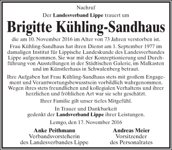 Anzeige  Brigitte Kühling-Sandhaus  Lippische Landes-Zeitung
