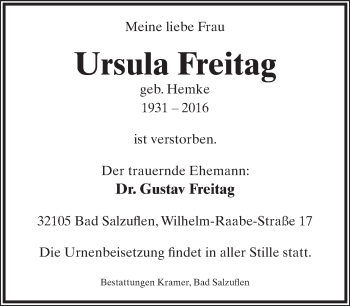 Anzeige  Ursula Freitag  Lippische Landes-Zeitung