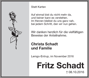 Anzeige  Fritz Schadt  Lippische Landes-Zeitung