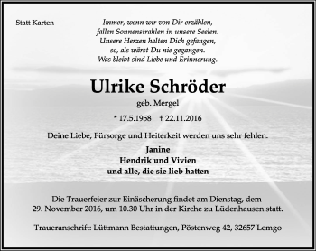 Anzeige  Ulrike Schröder  Lippische Landes-Zeitung