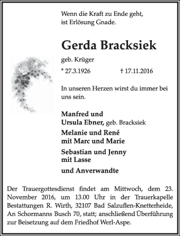 Anzeige  Gerda Bracksiek  Lippische Landes-Zeitung