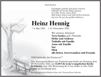 Anzeige  Heinz Hennig  Lippische Landes-Zeitung