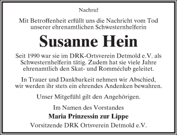 Anzeige  Susanne Hein  Lippische Landes-Zeitung
