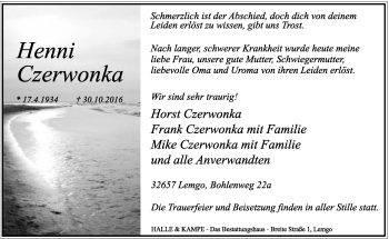 Anzeige  Henni Czerwonka  Lippische Landes-Zeitung