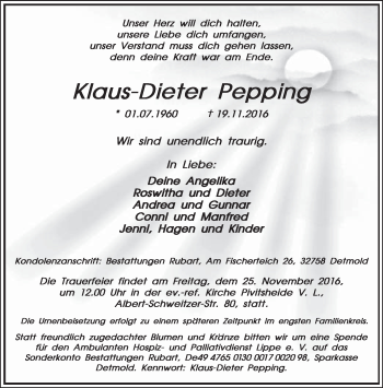 Anzeige  Klaus-Dieter Pepping  Lippische Landes-Zeitung