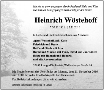 Anzeige  Heinrich Wöstehoff  Lippische Landes-Zeitung