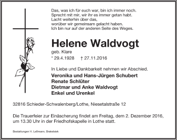 Anzeige  Helene Waldvogt  Lippische Landes-Zeitung