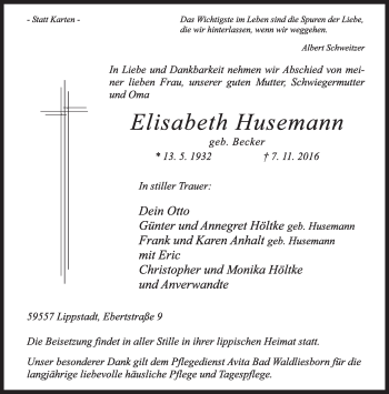 Anzeige  Elisabeth Husemann  Lippische Landes-Zeitung