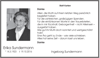 Anzeige  Erika Sundermann  Lippische Landes-Zeitung