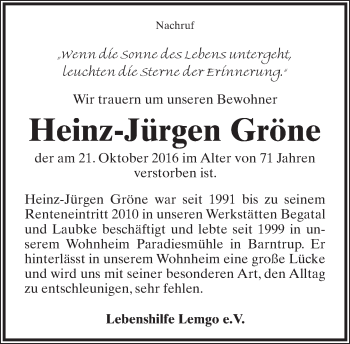 Anzeige  Heinz-Jürgen Gröne  Lippische Landes-Zeitung