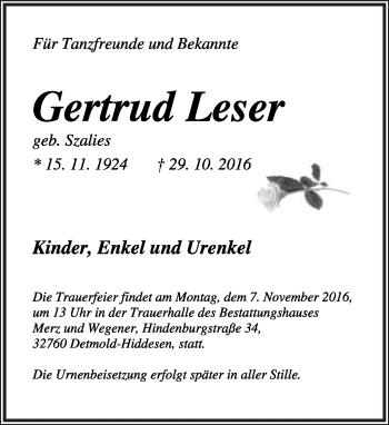Anzeige  Gertrud Leser  Lippische Landes-Zeitung