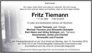 Anzeige  Fritz Tiemann  Lippische Landes-Zeitung