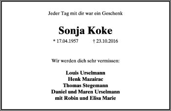 Anzeige  Sonja Koke  Lippische Landes-Zeitung