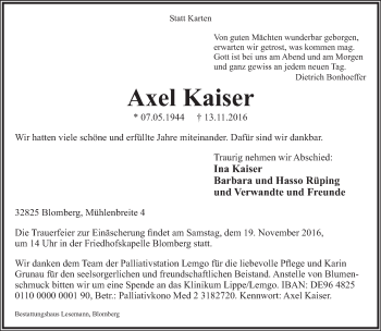 Anzeige  Axel Kaiser  Lippische Landes-Zeitung