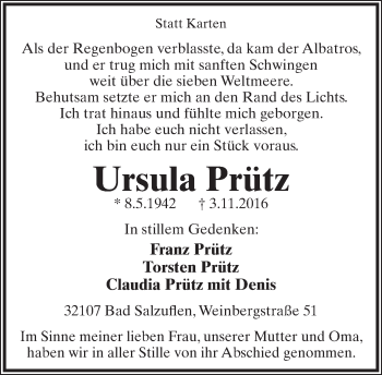 Anzeige  Ursula Prütz  Lippische Landes-Zeitung