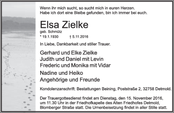Anzeige  Elsa Zielke  Lippische Landes-Zeitung