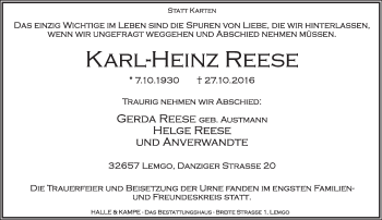 Anzeige  Karl-Heinz Reese  Lippische Landes-Zeitung