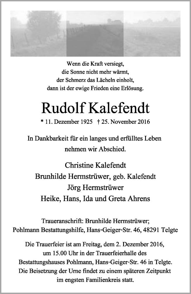  Traueranzeige für Rudolf Kalefendt vom 30.11.2016 aus Lippische Landes-Zeitung