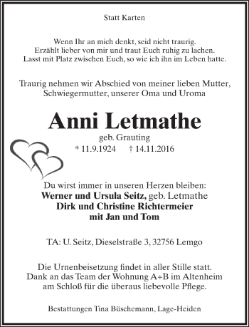Anzeige  Anna Letmathe  Lippische Landes-Zeitung