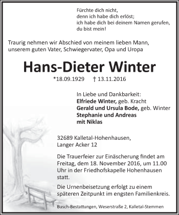 Anzeige  Hans-Dieter Winter  Lippische Landes-Zeitung