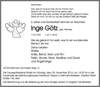 Anzeige  Inge Götz  Lippische Landes-Zeitung