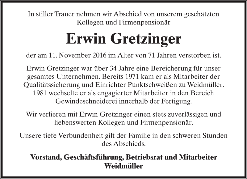  Traueranzeige für Erwin Gretzinger vom 19.11.2016 aus Lippische Landes-Zeitung
