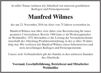 Anzeige  Manfred Wilmes  Lippische Landes-Zeitung