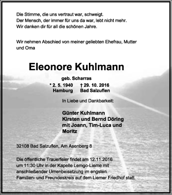 Anzeige  Eleonore Kuhlmann  Lippische Landes-Zeitung
