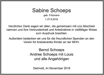 Anzeige  Sabine Schoeps  Lippische Landes-Zeitung