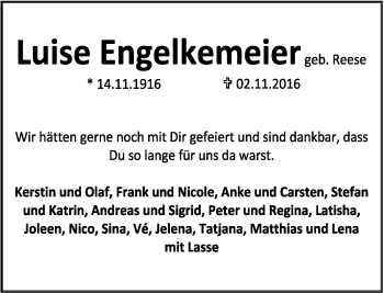 Anzeige  Luise Engelkemeier  Lippische Landes-Zeitung