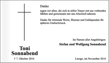 Anzeige  Toni Sonnabend  Lippische Landes-Zeitung