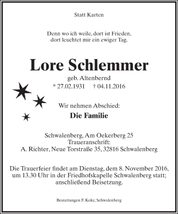 Anzeige  Lore Schlemmer  Lippische Landes-Zeitung
