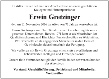 Anzeige  Erwin Gretzinger  Lippische Landes-Zeitung