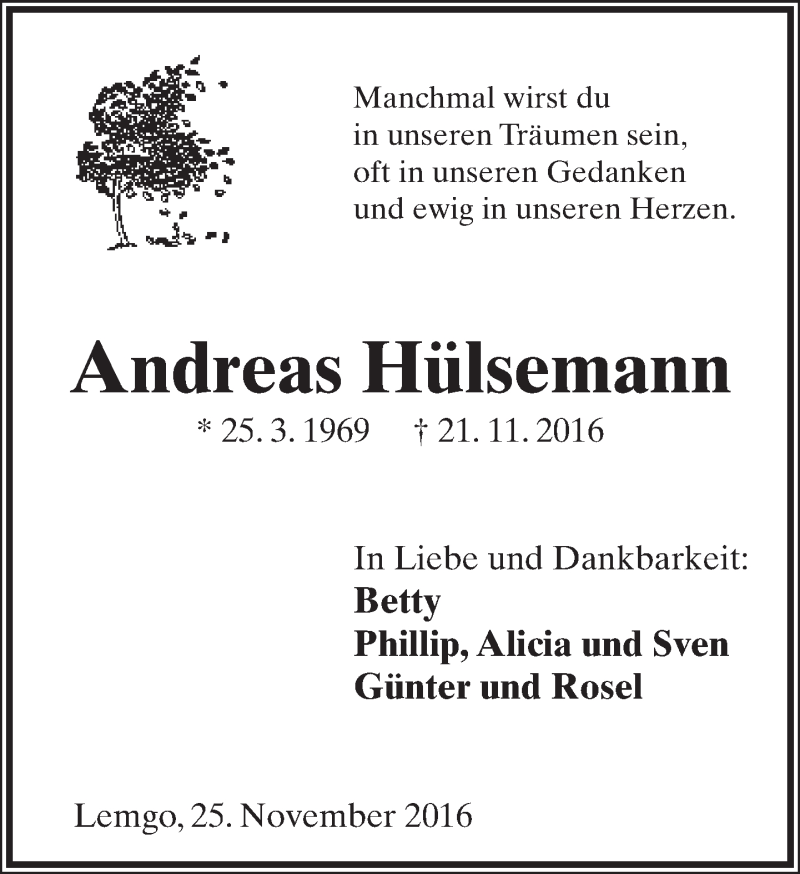  Traueranzeige für Andreas Hülsemann vom 25.11.2016 aus Lippische Landes-Zeitung