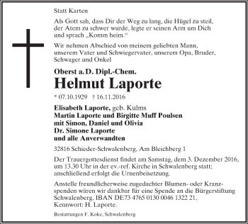 Anzeige  Helmut Laporte  Lippische Landes-Zeitung