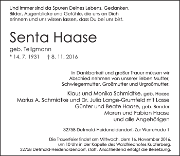 Anzeige  Senta Haase  Lippische Landes-Zeitung
