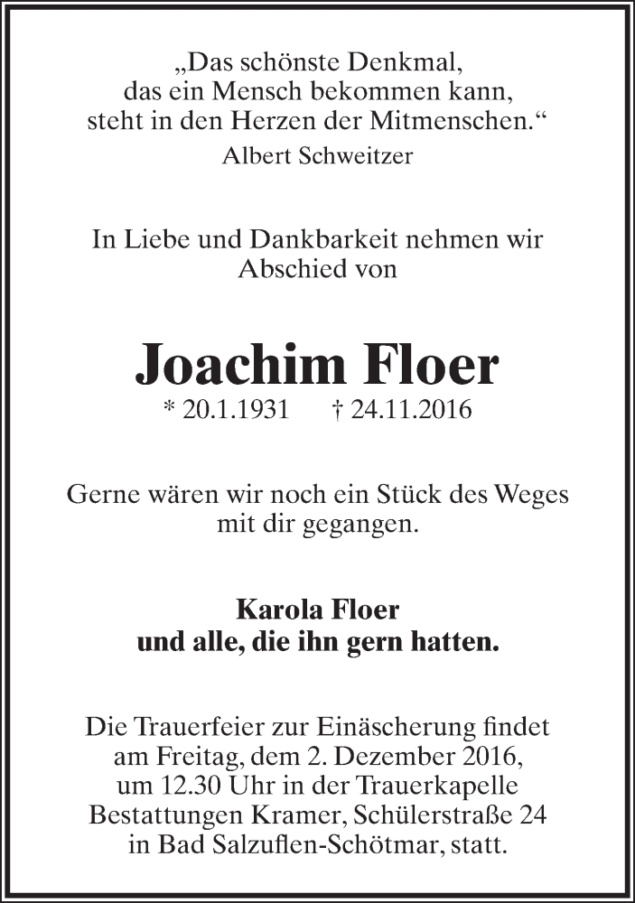  Traueranzeige für Joachim Floer vom 30.11.2016 aus Lippische Landes-Zeitung
