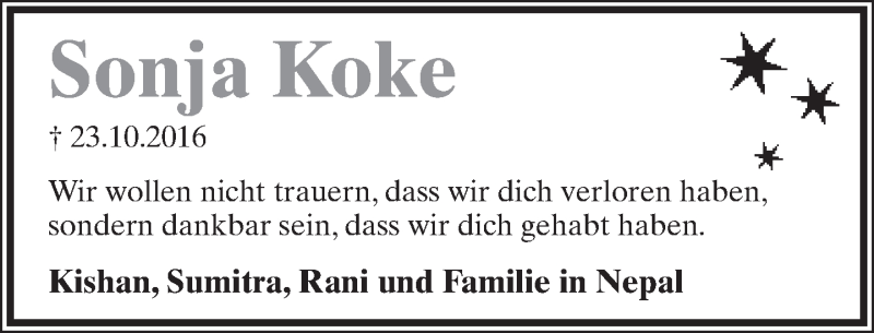  Traueranzeige für Sonja Koke vom 05.11.2016 aus Lippische Landes-Zeitung