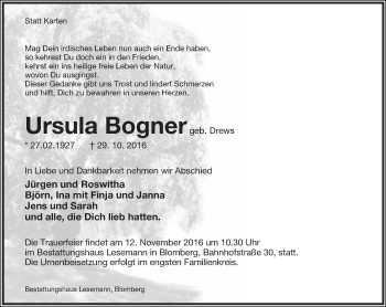 Anzeige  Ursula Bogner  Lippische Landes-Zeitung