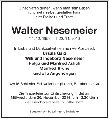 Anzeige  Walter Nesemeier  Lippische Landes-Zeitung