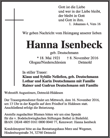 Anzeige  Hanna Isenbeck  Lippische Landes-Zeitung