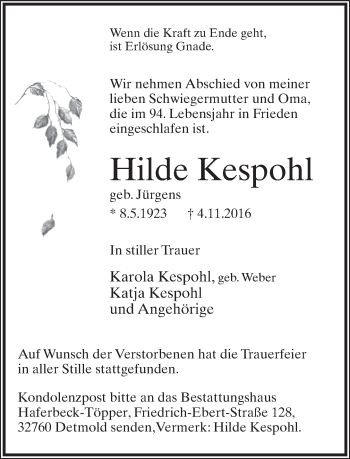 Anzeige  Hilde Kespohl  Lippische Landes-Zeitung