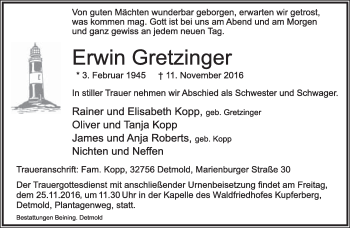 Anzeige  Erwin Gretzinger  Lippische Landes-Zeitung